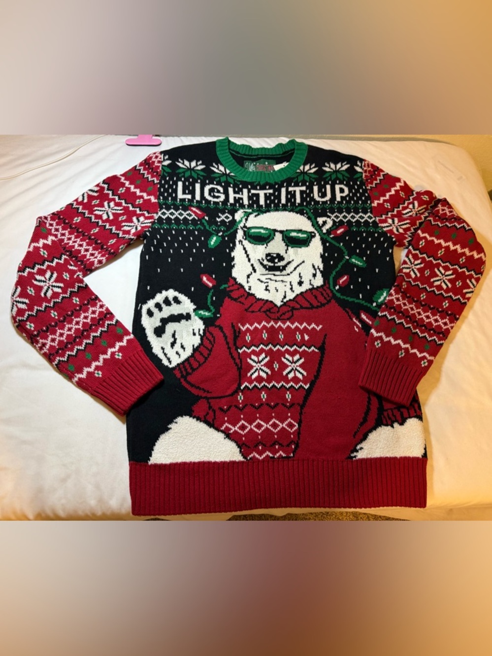 Nordstrom Red Black Green Polar Bear 'Light It Up' Crewneck Sweater